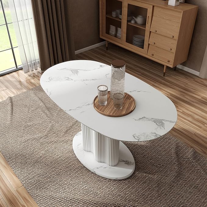 Homes: Inside + Out Elara Modern 54-inch Oval Dining Table with Fluted Pedestal Base, Seats up to 4, for Home Kitchen, Living Room, White