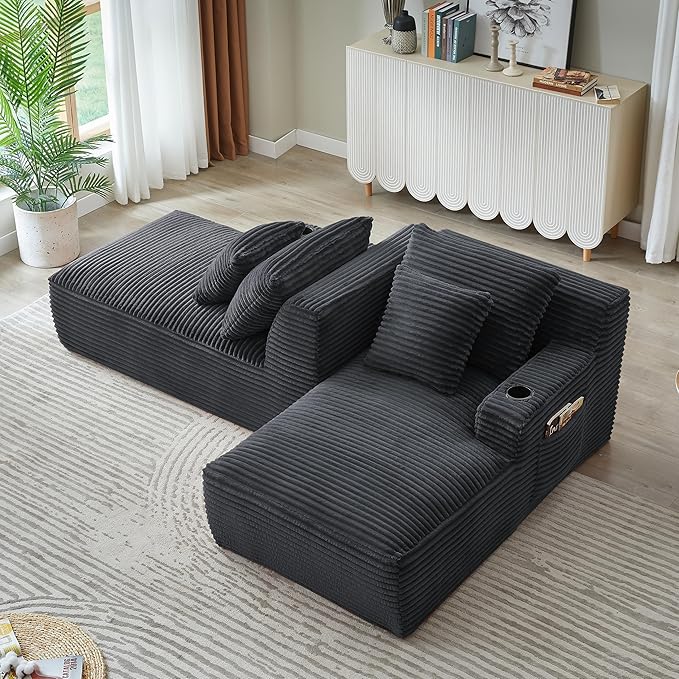 Eafurn Oversized Double Chaise Lounge Indoor with Cup Holders & Side Pocket, 71" Plush Corduroy Boneless Chaise Lounge Sofa with High Density Sponge & Deep High Seat Comfy Sleeper Couch Bed | Breathable material, No Assembly, 52" Deep Seat, 19.7" High ...