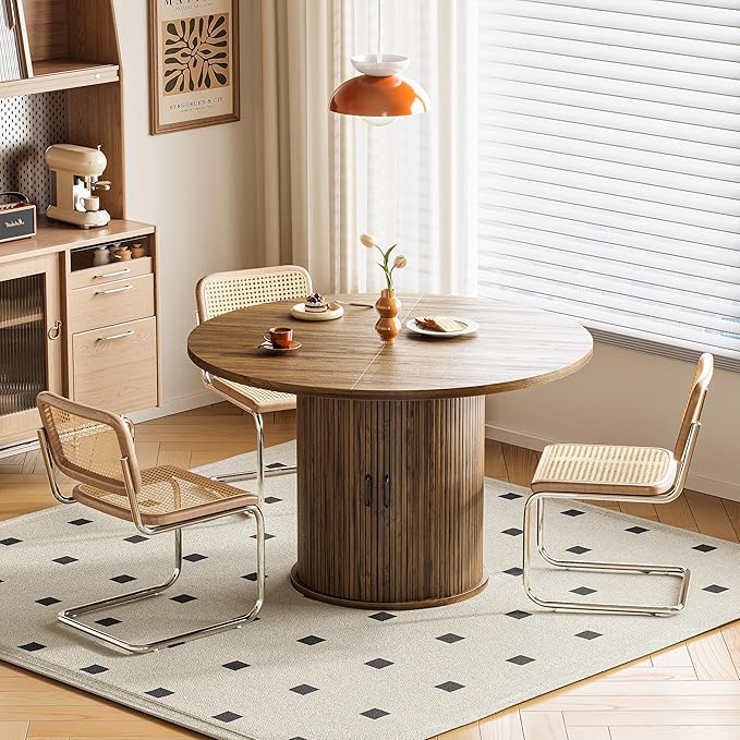 47 Inch Round Dining Table for 4-6 Round Table Kitchen Modern Round Dining Room Table with 2-Layer Storage Shelf and Wood Slide Door Circle Kitchen Tables for Dining Room Walnut