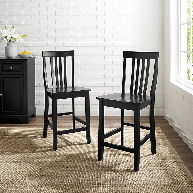 Crosley Furniture School House Wood Slat Back Counter Height Bar Stools Set of 2, Black, 24-inch