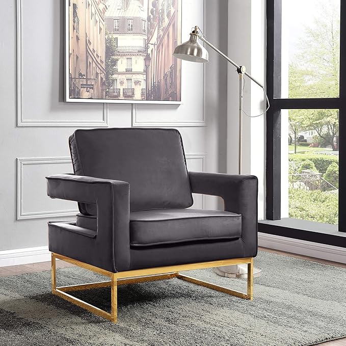 Meridian Furniture Noah Collection Modern | Contemporary Velvet Upholstered Accent Chair with Durable Stainless Steel Base, Grey, Gold Base