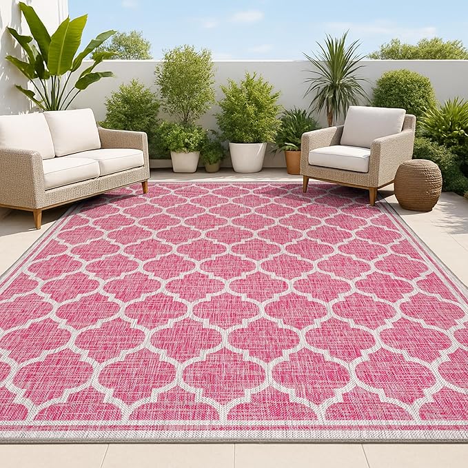 JONATHAN Y Moroccan Trellis Indoor Outdoor Area Rug 9X12 Fuchsia/Light Gray, Trebol Textured Weave for Backyard, Patio, Porch, Easy-Cleaning, High Traffic, Pet-Friendly, Non-Shedding (SMB109H-9)