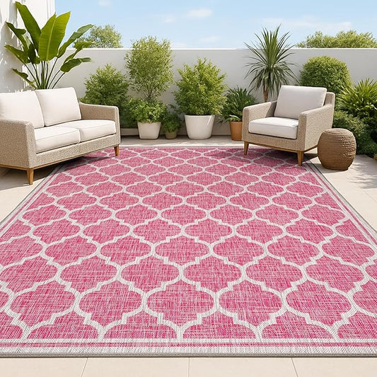 JONATHAN Y Moroccan Trellis Indoor Outdoor Area Rug 8X10 Fuchsia/Light Gray, Trebol Textured Weave for Backyard, Patio, Porch, Easy-Cleaning, High Traffic, Pet-Friendly, Non-Shedding (SMB109H-8)