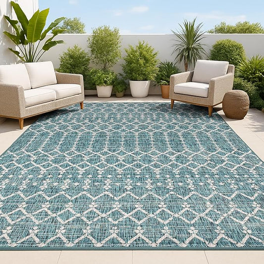 JONATHAN Y Moroccan Geometric Indoor Outdoor Area Rug 9X12 Teal/Gray, Ourika Textured Weave for Backyard, Patio, Porch, Easy-Cleaning, High Traffic, Pet-Friendly, Non-Shedding (SMB108C-9)