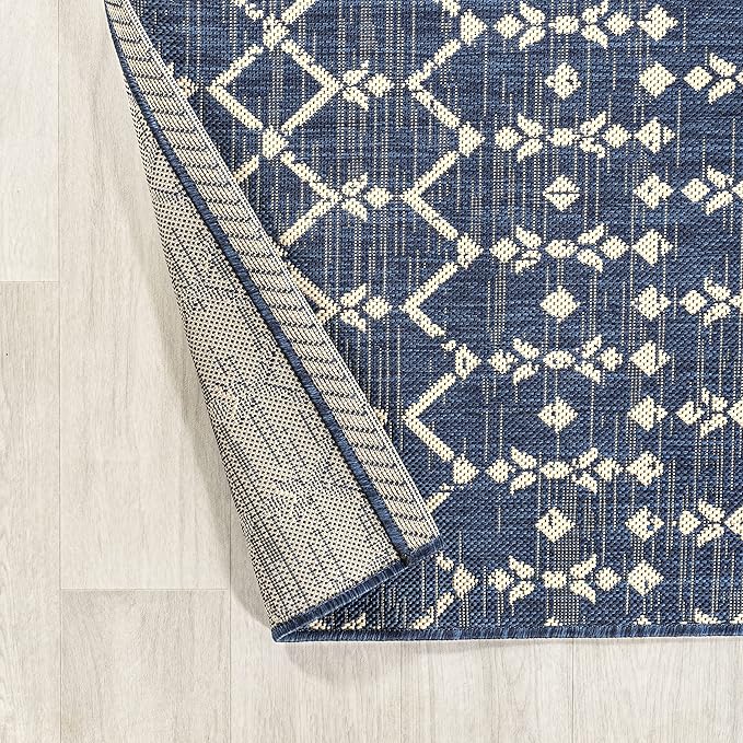 JONATHAN Y Moroccan Geometric Indoor Outdoor Runner Rug 2X10 Navy/Beige, Ourika Textured Weave for Backyard, Patio, Porch, Easy-Cleaning, High Traffic, Pet-Friendly, Non-Shedding (SMB108K-210)
