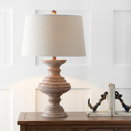 JONATHAN Y 26.5" Brown Faux Bois Resin Table Lamp, Traditional Wood Turned Design for Living Room Bedroom, Light Taupe Linen Shade, LED Bulb Included, UL Listed JYL1001A