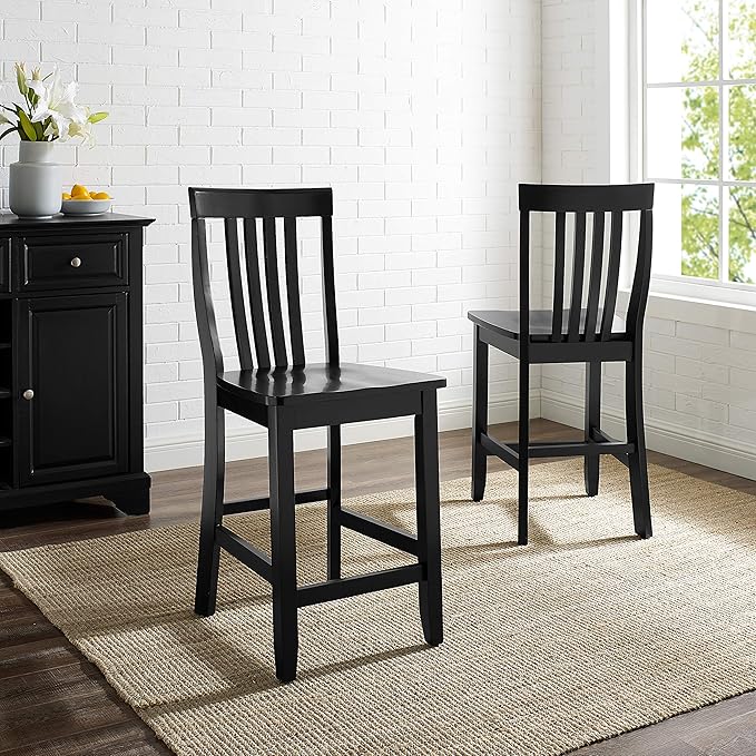 Crosley Furniture School House Wood Slat Back Counter Height Bar Stools Set of 2, Black, 24-inch