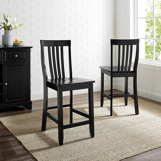 Crosley Furniture School House Wood Slat Back Counter Height Bar Stools Set of 2, Black, 24-inch