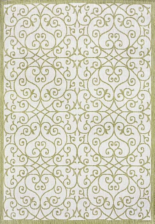JONATHAN Y Vintage Filigree Indoor Outdoor Area Rug 4X6 Green/Cream, Madrid Textured Weave for Backyard, Patio, Porch, Easy-Cleaning, High Traffic, Pet-Friendly, Non-Shedding (SMB107H-4)