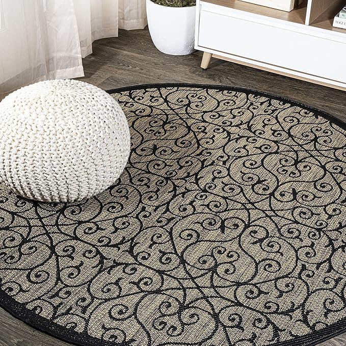 JONATHAN Y Vintage Filigree Indoor Outdoor Round Area Rug 8 Ft Black/Khaki, Madrid Textured Weave for Backyard, Patio, Porch, Easy-Cleaning, High Traffic, Pet-Friendly, Non-Shedding (SMB107A-8R)