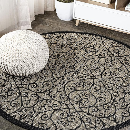 JONATHAN Y Vintage Filigree Indoor Outdoor Round Area Rug 6 Ft Black/Khaki, Madrid Textured Weave for Backyard, Patio, Porch, Easy-Cleaning, High Traffic, Pet-Friendly, Non-Shedding (SMB107A-6R)