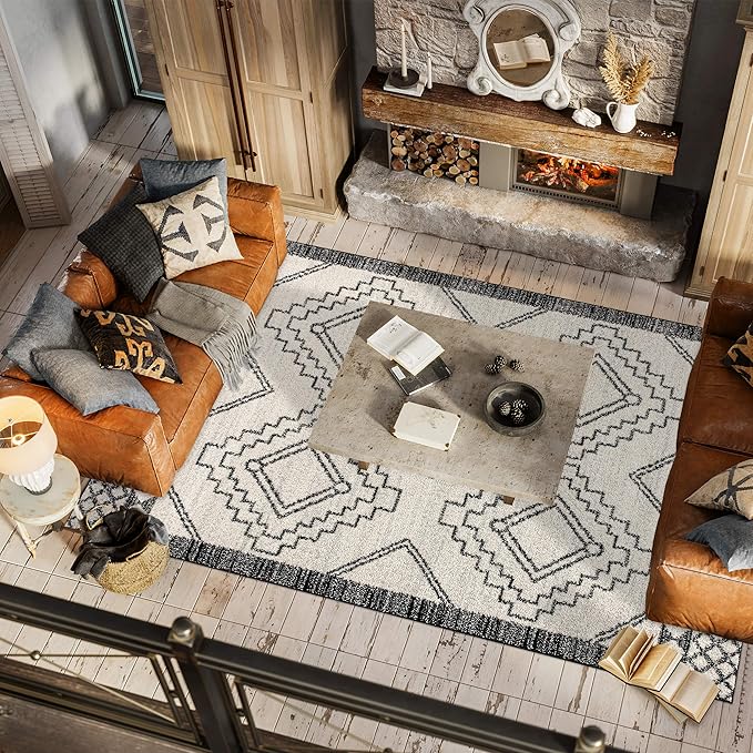 JONATHAN Y Amir Moroccan Beni Souk Cream/Black Indoor Area Rug, 5x8, Bohemian, Scandinavian, Easy-Cleaning for Living Room, Bedroom, Kitchen, Pet Friendly, Non-Shedding (MOH200A-5)