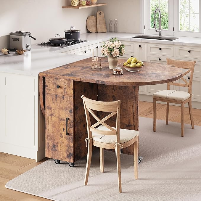 Round Folding Dining Table for 6, Space Saving Drop Leaf Kitchen Table with Storage Drawer, 6 Wheels Oval Gateleg Foldable Dining Table for Small Spaces (Vintage, 51" x 31.5" x 30")