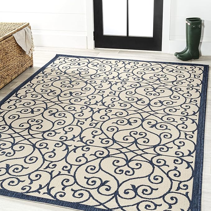 JONATHAN Y Vintage Filigree Indoor Outdoor Area Rug 9X12 Navy/Beige, Madrid Textured Weave for Backyard, Patio, Porch, Easy-Cleaning, High Traffic, Pet-Friendly, Non-Shedding (SMB107G-9)