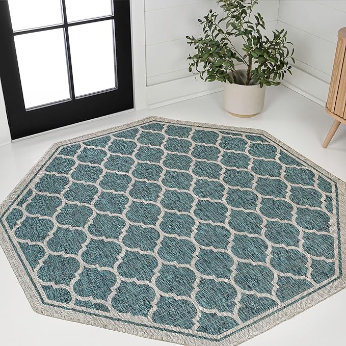 JONATHAN Y Moroccan Trellis Indoor Outdoor Octagon Area Rug 5 Ft Teal/Gray, Trebol Textured Weave for Backyard, Patio, Porch, Easy-Cleaning, High Traffic, Pet-Friendly, Non-Shedding (SMB109E-5TGN)