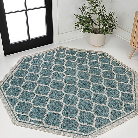 JONATHAN Y Moroccan Trellis Indoor Outdoor Octagon Area Rug 5 Ft Teal/Gray, Trebol Textured Weave for Backyard, Patio, Porch, Easy-Cleaning, High Traffic, Pet-Friendly, Non-Shedding (SMB109E-5TGN)