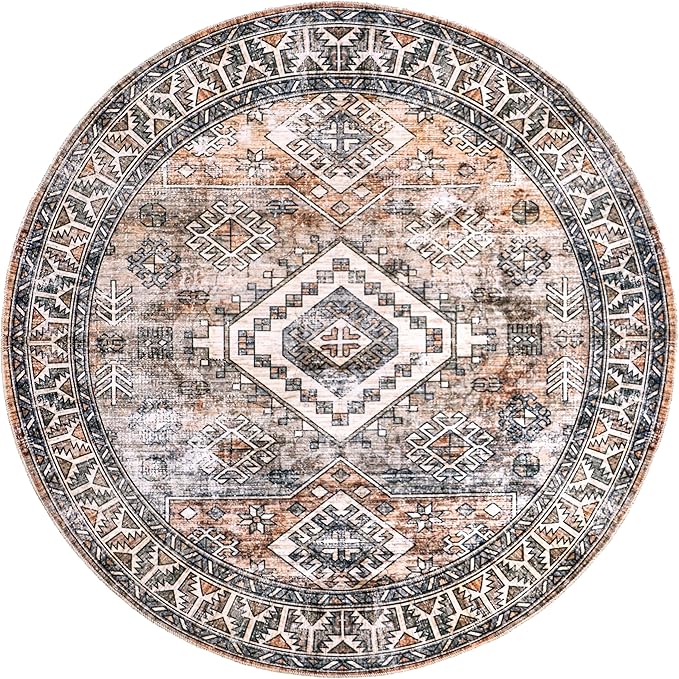 Nuloom SpinClean Bowie Rust/Ivory, 6' Round, Vintage Oriental, Soft and Cozy, High Traffic, Stain Resistant, Easy Clean, Durable Washable Area Rug for Bedroom, Living Room, Dining, Entryway