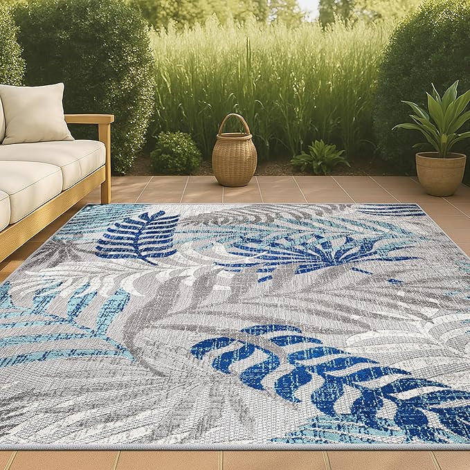 JONATHAN Y Tropics Palm Leaves Indoor Outdoor Area Rug 8X10 Gray/Blue, Boho for Backyard, Patio, Porch, Easy-Cleaning, High Traffic, Pet-Friendly, Non-Shedding (AMC100A-8)