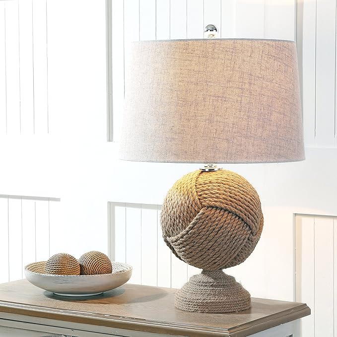 JONATHAN Y 24" Brown Monkey's Fist Knotted Rope LED Table Lamp, Coastal Farmhouse Nautical Lamp for Living Room Bedroom, Gray Linen Shade, UL Listed, LED Bulb Included JYL1005A