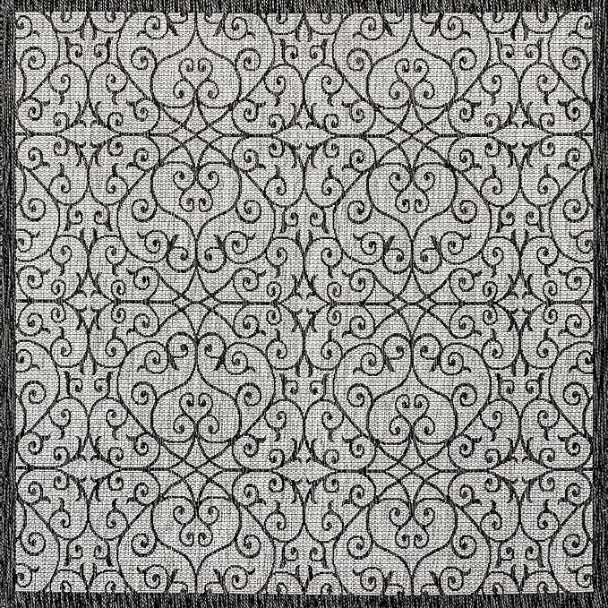JONATHAN Y Vintage Filigree Indoor Outdoor Square Area Rug 8X8 Light Gray/Black, Madrid Textured Weave for Backyard, Patio, Porch, Easy-Cleaning, High Traffic, Pet-Friendly, Non-Shedding SMB107E-8SQ
