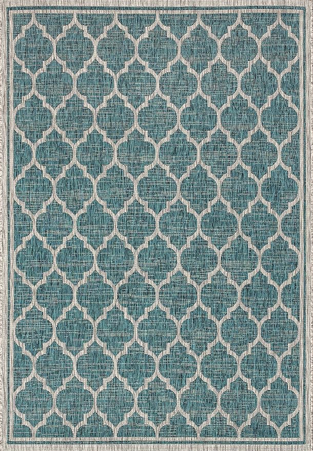 JONATHAN Y Moroccan Trellis Indoor Outdoor Area Rug 4X6 Teal/Gray, Trebol Textured Weave for Backyard, Patio, Porch, Easy-Cleaning, High Traffic, Pet-Friendly, Non-Shedding (SMB109E-4)