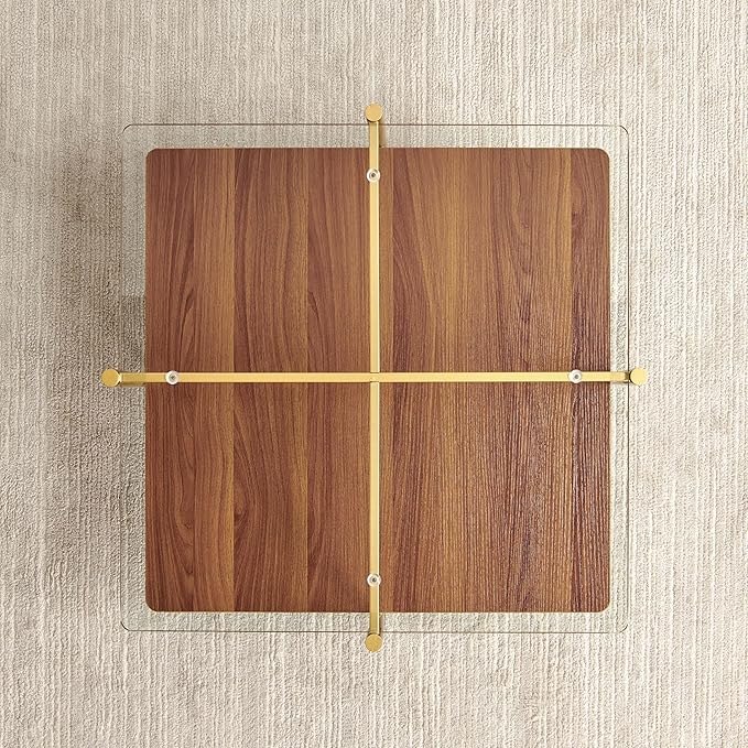 Square Glass Coffee Table, Mid-Century Modern Design, L30 x W30 x H17 inch, for Living Room, Clear Glass Top and Walnut Finish Wood Shelf, Conical Legs with Gold Finish Frame