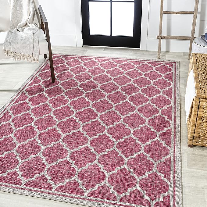JONATHAN Y Moroccan Trellis Indoor Outdoor Area Rug 5X8 Fuchsia/Light Gray, Trebol Textured Weave for Backyard, Patio, Porch, Easy-Cleaning, High Traffic, Pet-Friendly, Non-Shedding (SMB109H-5)