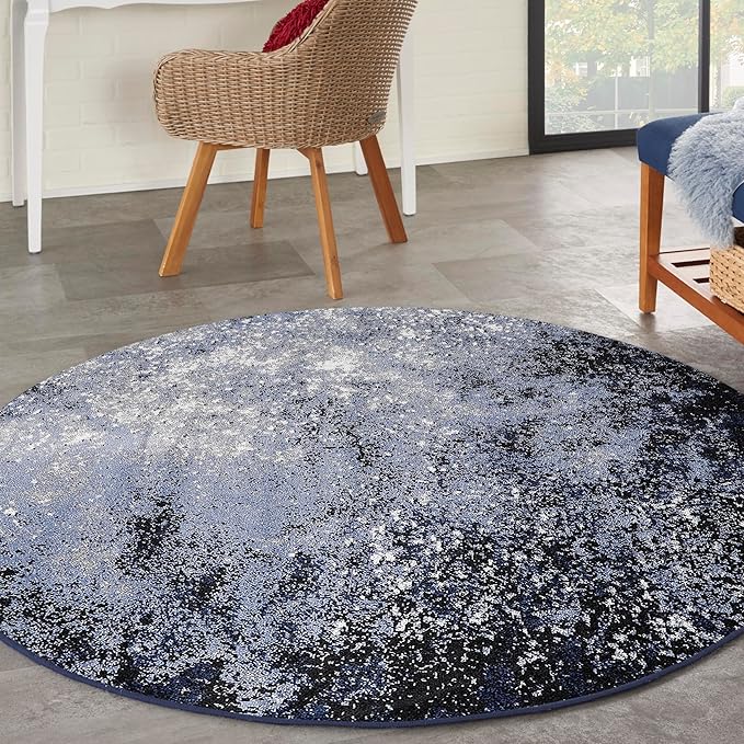 Nourison Home Passion Light Blue Black 5'3" x Round Area Rug - Easy Clean, Non Shedding, Bed Room, Living Room, Dining Room, Kitchen (5' x Round)