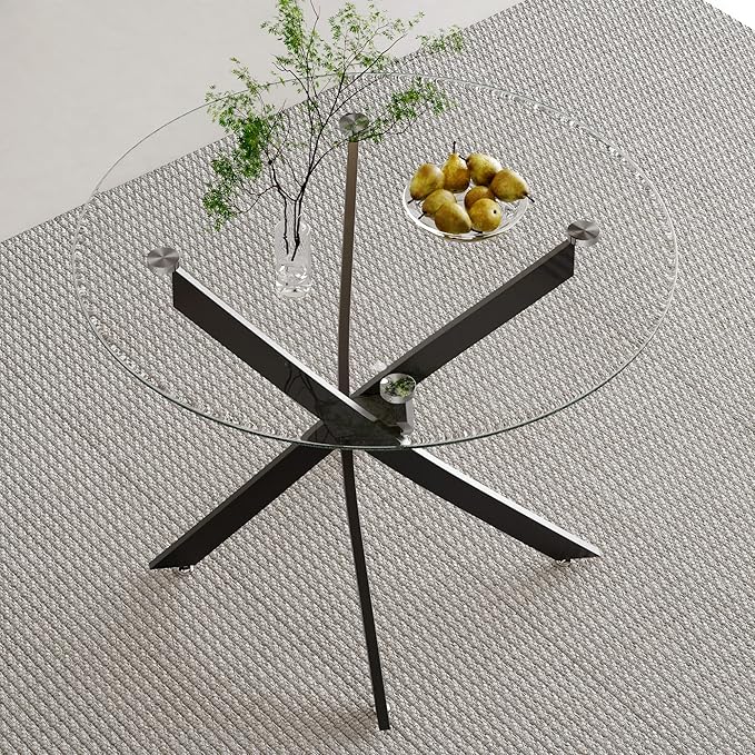 Round Glass Dining Table with Crossed Metal Legs, 31.5" Modern Glass Kitchen Table for Dining Room Kitchen, Black