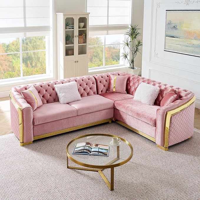 KEIKI 106" L-Shaped Luxury Velvet Chesterfield Sectional Sofa with Gold Stainless Steel Accents and 5 Pillows, Mid-Century Oversized 5-Seater Button Tufted Couch, Easy Assembly, for Living Room, Pink