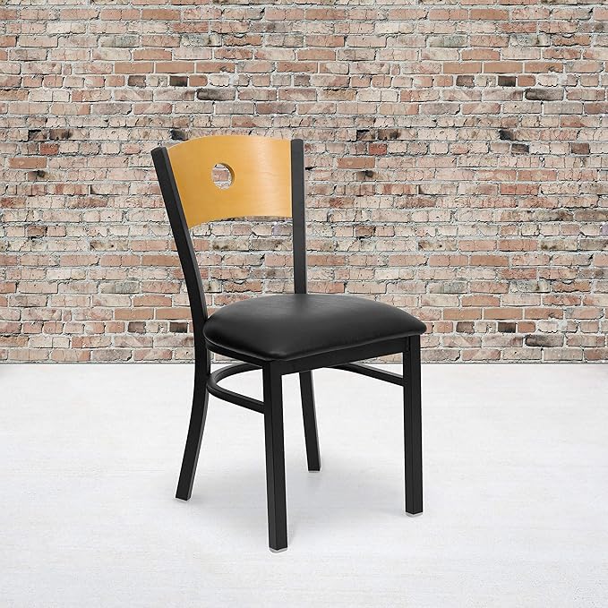 Flash Furniture 2 Pk. HERCULES Series Black Circle Back Metal Restaurant Chair - Natural Wood Back, Black Vinyl Seat