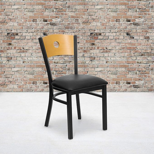 Flash Furniture 2 Pk. HERCULES Series Black Circle Back Metal Restaurant Chair - Natural Wood Back, Black Vinyl Seat