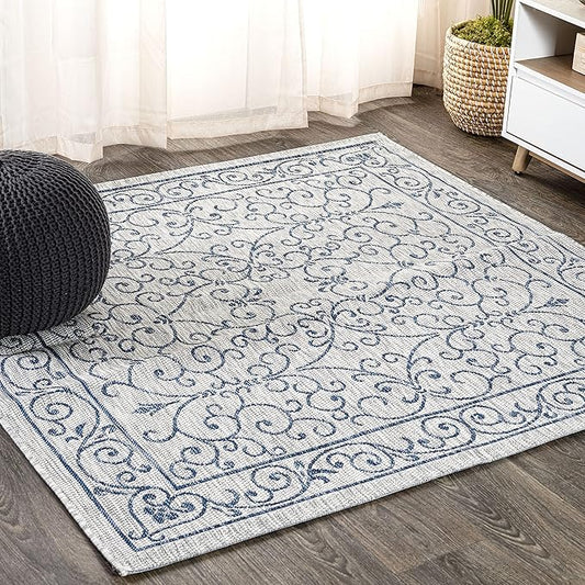JONATHAN Y Vintage Filigree Indoor Outdoor Square Area Rug 6X6 Gray/Navy, Charleston Textured Weave for Backyard, Patio, Porch, Easy-Cleaning, High Traffic, Pet-Friendly, Non-Shedding (SMB106C-6SQ)