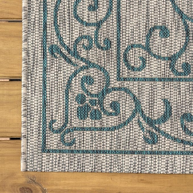 JONATHAN Y Vintage Filigree Indoor Outdoor Round Area Rug 9 Ft Gray/Teal, Charleston Textured Weave for Backyard, Patio, Porch, Easy-Cleaning, High Traffic, Pet-Friendly, Non-Shedding (SMB106E-9R)