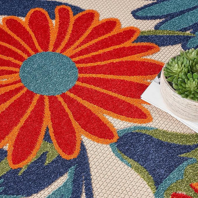 Nourison Home Aloha Multicolor 4' x Round Area Rug - Easy Clean, Non Shedding, Bed Room, Living Room, Dining Room, Kitchen (4' x Round)