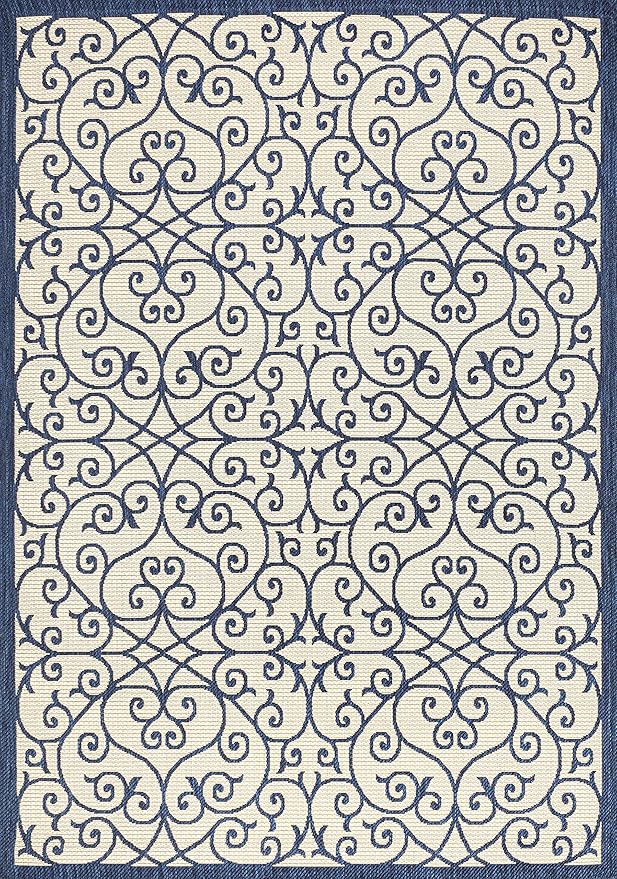 JONATHAN Y Vintage Filigree Indoor Outdoor Area Rug 8X10 Navy/Beige, Madrid Textured Weave for Backyard, Patio, Porch, Easy-Cleaning, High Traffic, Pet-Friendly, Non-Shedding (SMB107G-8)