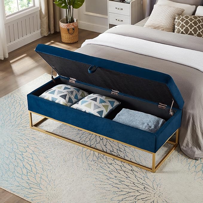 Ball & Cast 58.6" Velvet Storage Ottoman Bench, End of Bed Bench with Safety Hinge and Golden Metal Legs,Morden Entryway Bench,Foot Stool with Button Tufted Cushion for Bedroom,Living Room,Navy Blue