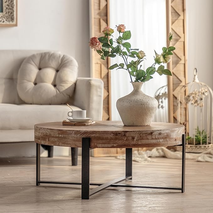 Lasadelgar Wood Round Coffee Table, 31 Inch Farmhouse Rustic Fir Wooden Table Top Cross Metal Legs Circle Coffee Table for Living Room, Black