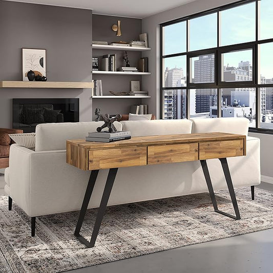 SIMPLIHOME Lowry SOLID ACACIA WOOD and Metal 60 Inch Wide Modern Industrial Console Sofa Table in Distressed Golden Wheat, For the Living Room, Entryway and Bedroom