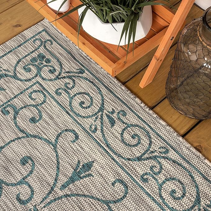 JONATHAN Y Vintage Filigree Indoor Outdoor Round Area Rug 9 Ft Gray/Teal, Charleston Textured Weave for Backyard, Patio, Porch, Easy-Cleaning, High Traffic, Pet-Friendly, Non-Shedding (SMB106E-9R)