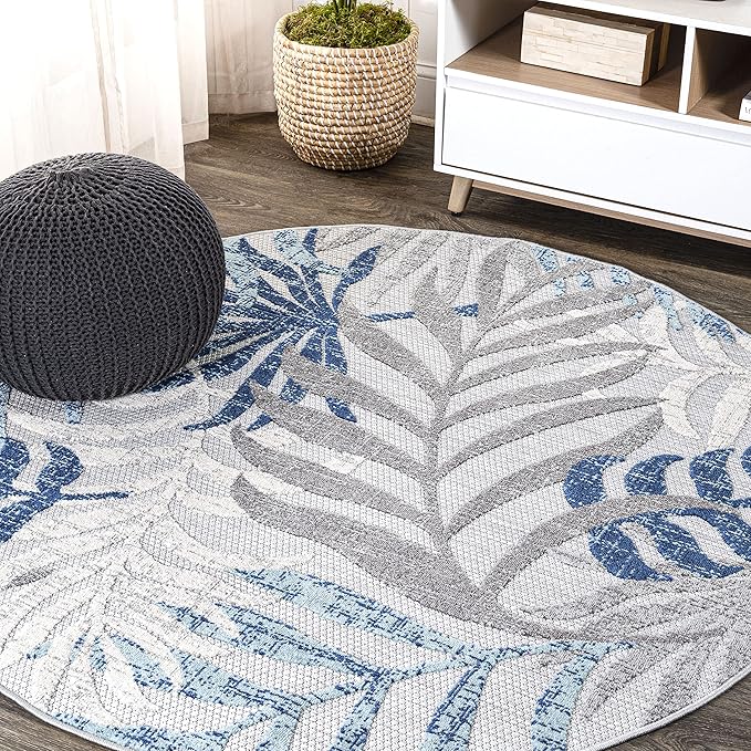 JONATHAN Y Tropics Palm Leaves Indoor Outdoor Round Area Rug 5 Ft Gray/Blue, Boho for Backyard, Patio, Porch, Easy-Cleaning, High Traffic, Pet-Friendly, Non-Shedding (AMC100A-5R)
