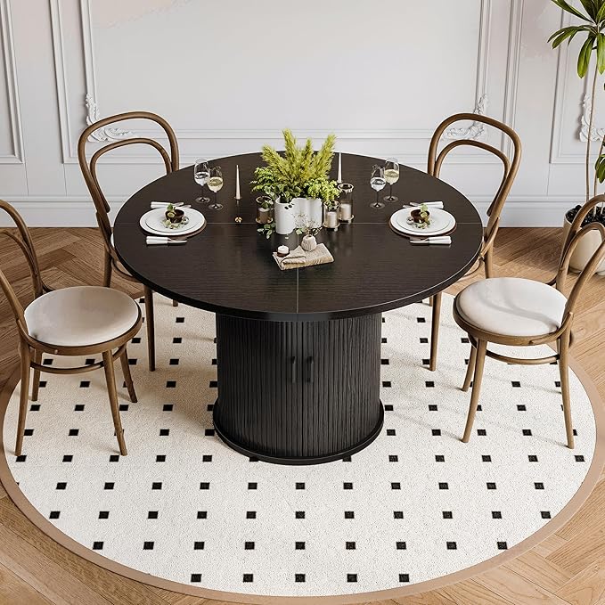 47 Inch Round Dining Table for 4-6 Round Table Kitchen Modern Round Dining Room Table with 2-Layer Storage Shelf and Wood Slide Door Circle Kitchen Tables for Dining Room Black