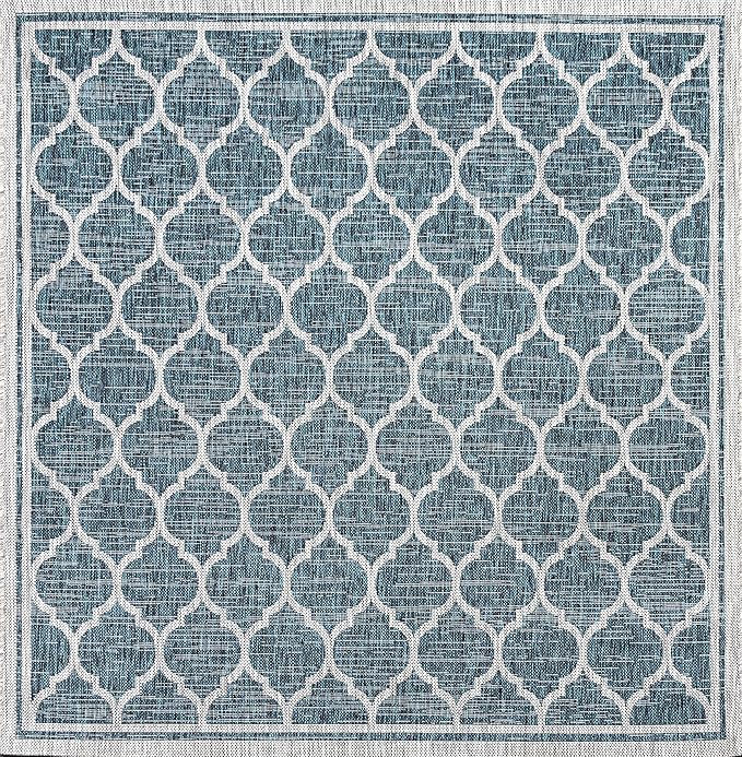 JONATHAN Y Moroccan Trellis Indoor Outdoor Square Area Rug 6X6 Teal/Gray, Trebol Textured Weave for Backyard, Patio, Porch, Easy-Cleaning, High Traffic, Pet-Friendly, Non-Shedding (SMB109E-6SQ)