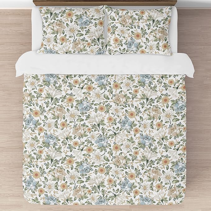 Sweet Jojo Designs Vintage Floral Blue Yellow Girl Full Queen Bedding Set Kids Comforter Childrens Size - 3pcs - Slate Green Gold Orange Taupe Beige Shabby Chic Rose Flower Boho Bohemian Farmhouse