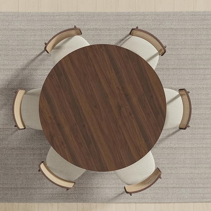 Casaphoria 52" Round Dining Table for 6, Two-Tone Walnut Wood Top and Black Pedestal Base, Modern Farmhouse Style, Dining Table Only