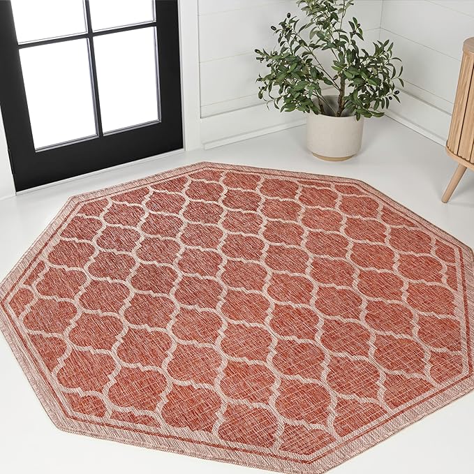 JONATHAN Y Moroccan Trellis Indoor Outdoor Octagon Area Rug 8 Ft Red/Beige, Trebol Textured Weave for Backyard, Patio, Porch, Easy-Cleaning, High Traffic, Pet-Friendly, Non-Shedding (SMB109C-8TGN)