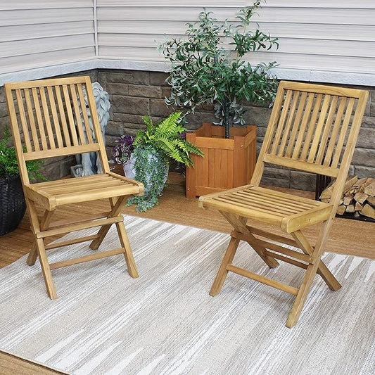 Sunnydaze Foldable Teak Wood Outdoor Chairs – Folding Patio Chair Set of 2 for Deck or Balcony – Wooden Teak Furniture with Light Finish