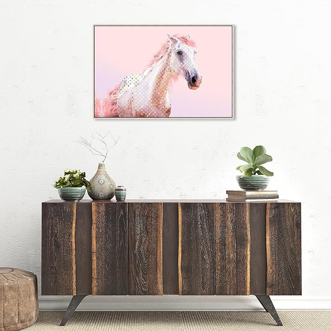 Country Farmhouse Canvas Print Painting Animal Wall Art 'Pink Glam Horse' Champagne Framed Canvas Rustic Home Décor 30x20 in Pink, White by Oliver Gal