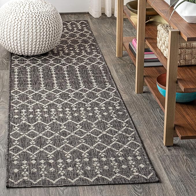 JONATHAN Y Moroccan Geometric Indoor Outdoor Runner Rug 2X10 Black/Gray, Ourika Textured Weave for Backyard, Patio, Porch, Easy-Cleaning, High Traffic, Pet-Friendly, Non-Shedding (SMB108F-210)