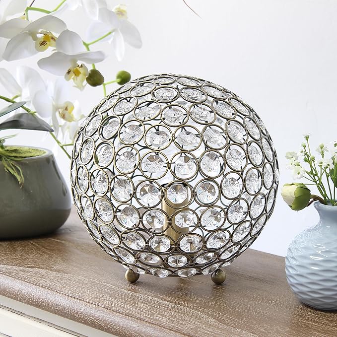 Elegant Designs LT1026-ABS 8" Elipse Crystal Collection Metal Crystal Ball Sequin Table Desk Lamp for Accent Lighting, Décor, Living Room, Antique Brass